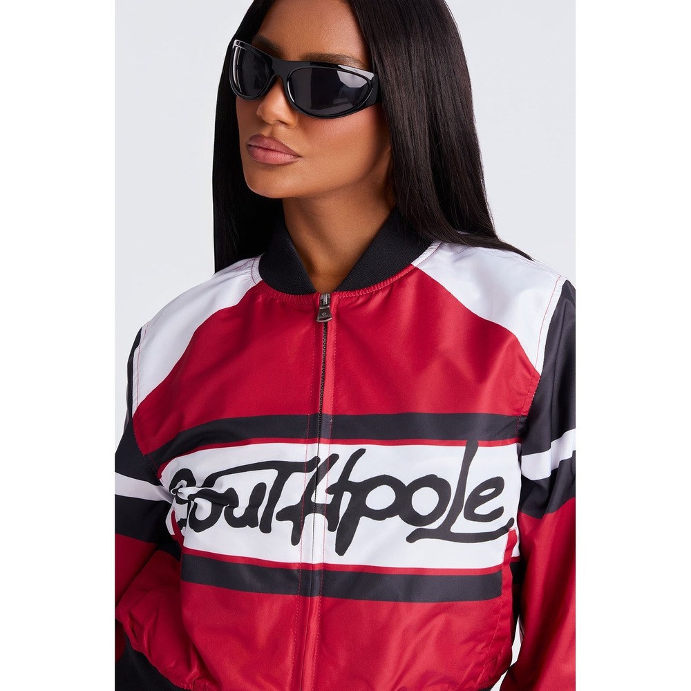 Southpole Bomber Jacket Womens 3X Red White Black Logo Faux Fur Lined SL120015